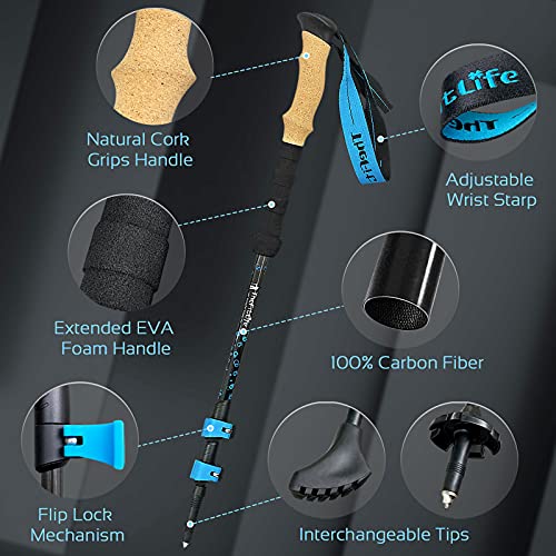 TheFitLife Carbon Fiber Trekking Poles – Collapsible and Telescopic Walking Sticks with Natural Cork Handle and Extended E...