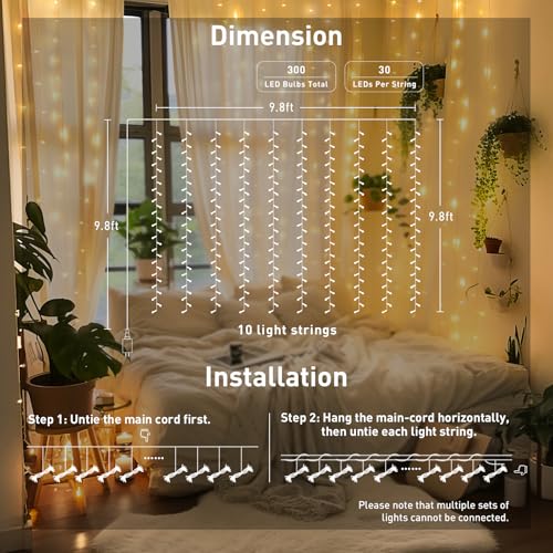 JMEXSUSS 300 LED Remote Control Curtain Lights, Plug in Fairy Curtain Lights Outdoor, Window Wall Hanging String Lights fo...