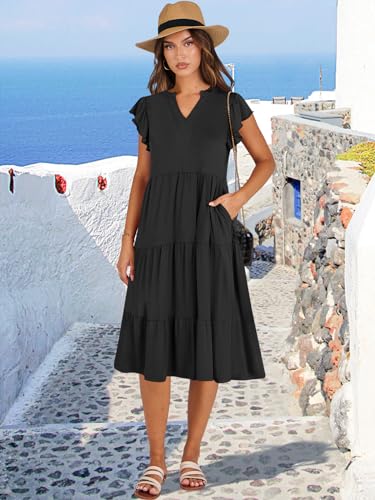 ANRABESS Womens Summer Dress Ruffle Sleeve V Neck Midi Dresses Fashion Casual Fit Flowy Tiered Boho Beach Vacation Sundress