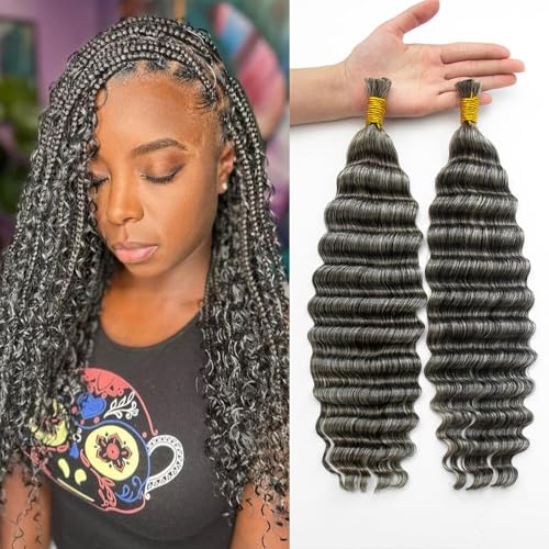 KRN Grey Deep Wave Bulk Human Braiding Hair 2 Bundles/Pack 100g Curly for Boho Braids 12A Salt And Pepper No Weft Wet and Wavy Gray 20 Inch