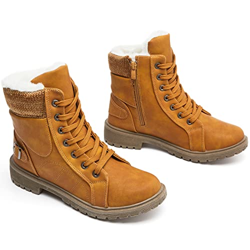 XRH Women Lace Up Combat Boot Winter Snow Boots Warm Fur Lined Ankle Booties Waterproof Hiking Boot for Women Non Slip Lea...