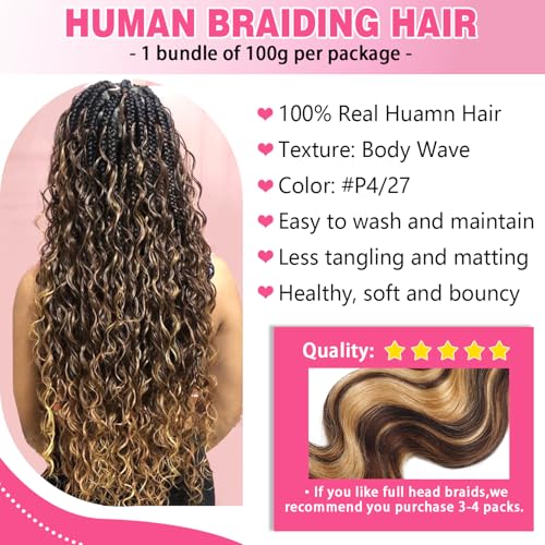 Body Wave Curly 4/27 Human Braiding Hair 100g One Bundle/Pack Bulk Human Hair for Braiding No Weft Human Hair for Boho Braids (24 inch, Body Wave 4/27)