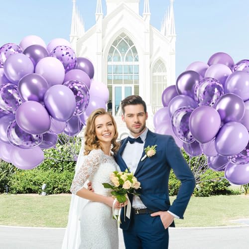60pcs Lavender Balloons 12inch, Light Purple Balloons with Pastel Metallic Pearl Purple Confetti Balloons for Birthday Bab...