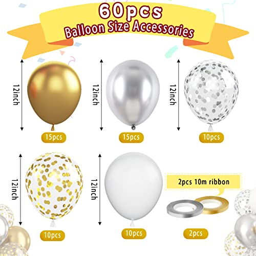 Paready Gold and Silver Latex Balloons, 60 Pcs 12 Inch Metallic Gold Silver and White Confetti Balloons for Birthday Baby ...