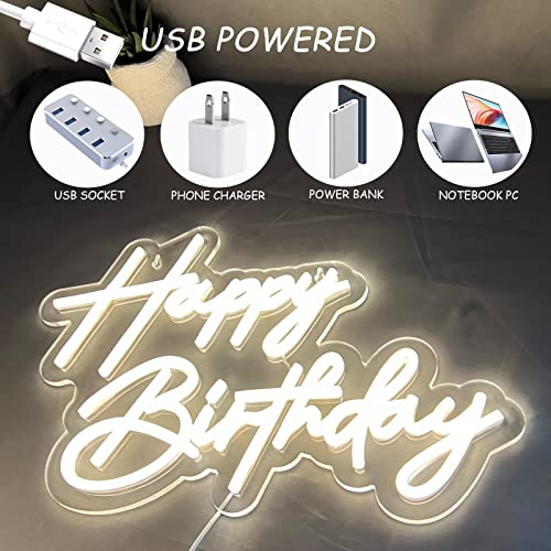 Happy Birthday Neon Sign for Wall Decor, 17×12 Inch Warm White LED Neon Light Signs, Art Decoration Happy Birthday Neon Li...