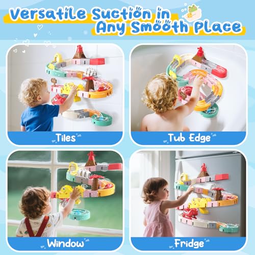 Dinosaur Bath Toys with Track & Fishing Rod – 47PCS Wall Suction Slide Playset for Toddlers, DIY Water Race Track with 6 D...