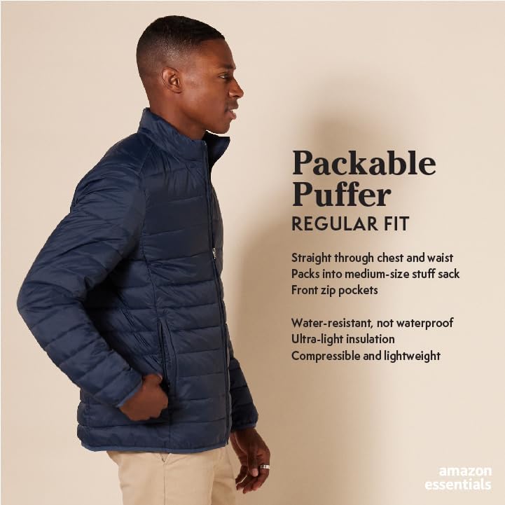 Amazon Essentials Mens Packable Lightweight Water-Resistant Puffer Jacket (Available in Big & Tall)