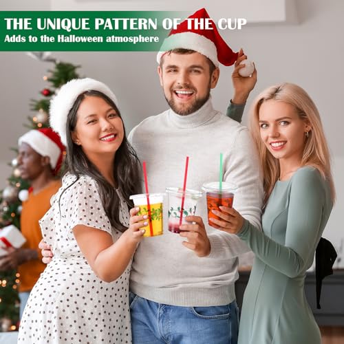 Blushtier 100 Pcs Christmas Plastic Cups Disposable with Lids and Straws 12 oz Christmas Holly Party Cups Clear Drinking C...