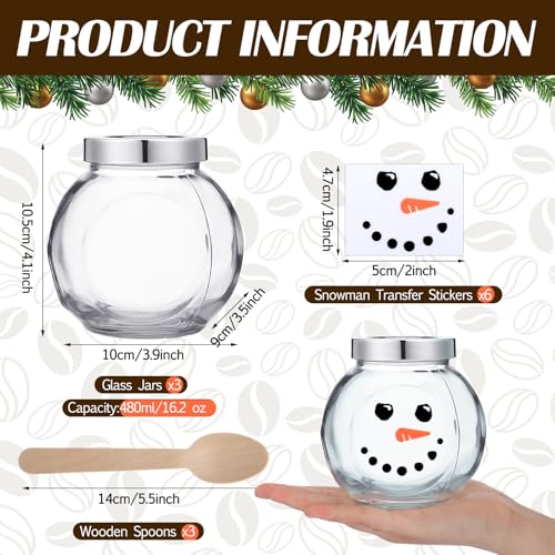 Bokon 3 Sets 16.2 oz Christmas Glass Jars with Lids Hot Chocolate Hot Cocoa Bar Supplies Snowman DIY Candy Jars Wooden Spo...