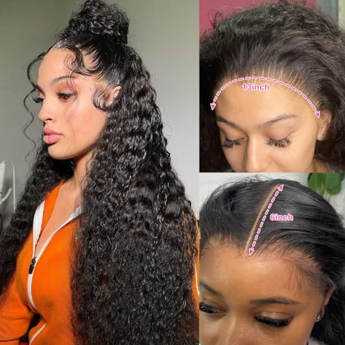 13x6 Deep Wave Lace Front Wigs Human Hair Wig 180 Density Deep Curly Lace Frontal Glueless Human Hair Lace Front Wig Pre Plucked Natural Black 24 Inch