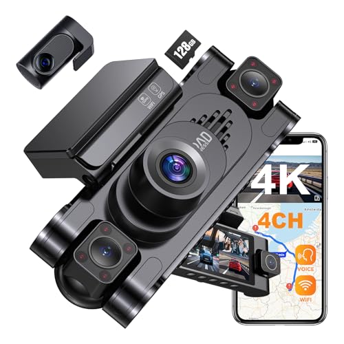 4K 360° DashCam for Cars,4 Channel Car Dash Cam Front and Rear Inside with 128GB Card Included,Voice Control,5.8G WiFi GP...