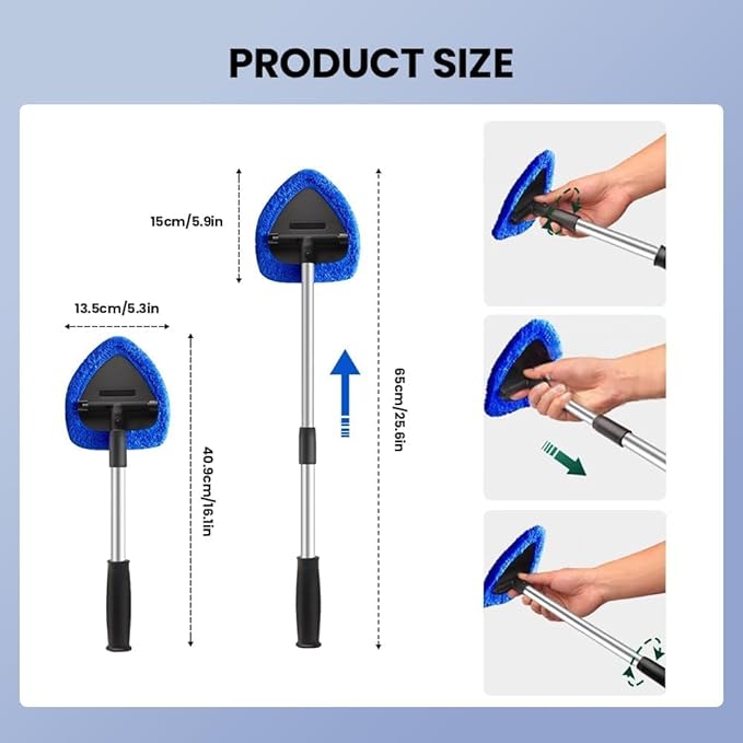 Car Windshield Cleaning Tool Set, Interior Exterior Auto Glass Cleaner Kit with Extendable Handle and 4 Reusable Microfiber Pads for Cars Trucks and Home (Blue)