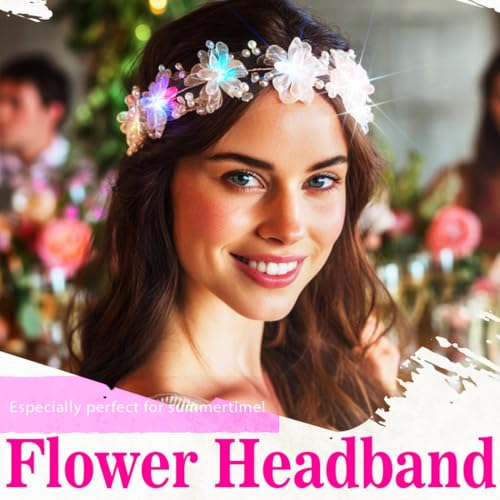 Zehope Light Up Flower Headbands LED Princess Pearl Floral Wreath Headpiece Bridal Wedding Garlands Hair Accessories for W...