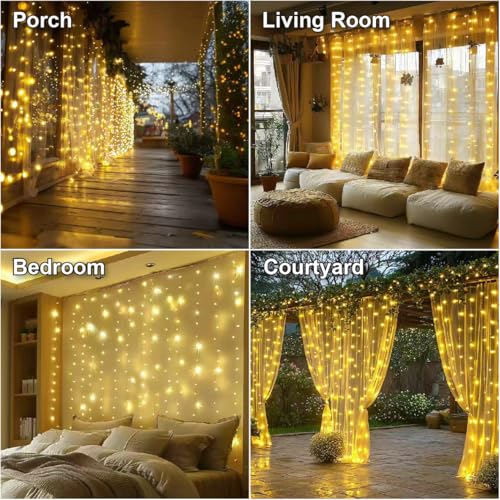 HXWEIYE 300LED Fairy Curtain Lights, 9.8x9.8Ft USB Plug-in 8 Modes Christmas String Hanging Lights with Remote for Bedroom...