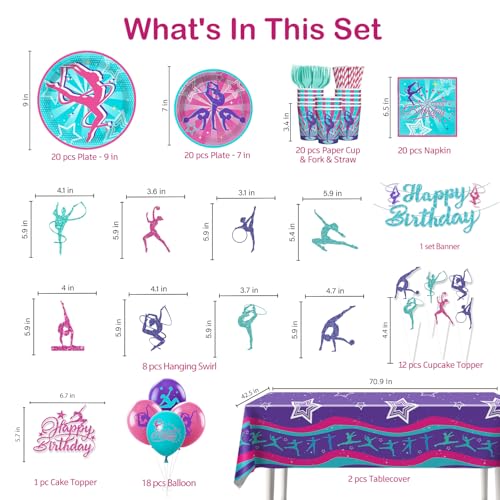 Yingoto 170 PCS Gymnastics Birthday Party Decorations, Serves 20 Guests, with Banner, Balloon, Cake Topper, Plates and Nap...