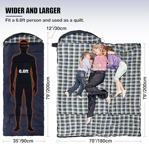 REDCAMP Flannel Sleeping Bag for Adults, Comfortable Cotton Sleeping Bags for Camping with Detachable Hood, Red/Grey/Blue/...