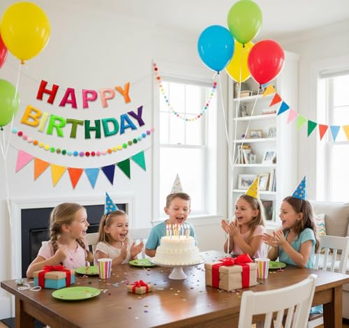 3D Happy Birthday Banner Set – Pre-Strung Reusable Rainbow Happy Birthday Decorations with Felt Ball Garland, Triangle Fla...