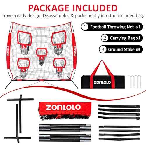 ZELUS Football Throwing Net, Quarterback Training Equipment with 5 Target Pockets, Football Practice Throwing Passing Accuracy Trainer with Carry Bag Ground Stakes for Kids Adults