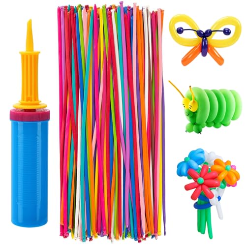 100 Pcs 260Q Balloons Kit with Pump - Kids Premium Latex Twisting Long Balloons to Make Animals Flowers, Fun Rainbow Ballo...