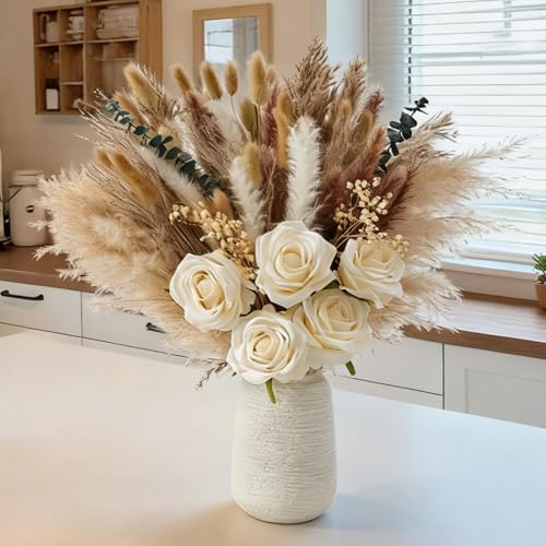 100pcs Artificial Flowers Arrangement With Vase, Fake Flowers Silk Roses in Vase, Coffee Table Decorations,Boho Dried Pamp...