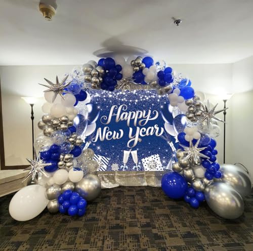 Happy New Year 2026 Backdrop Blue Silver Balloon New Year Photography Background Cheers to 2026 Holiday Party Banner Photo...