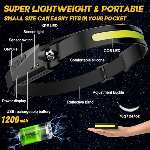 Avlxt LED Headlamp, 2 Pack Rechargeable Flashlight for Adults, 230 Wide Beam Headlight, Motion Sensor Head Lamp, Adjustabl...