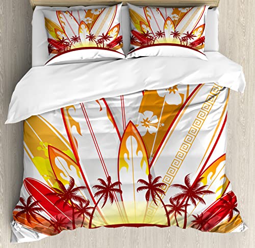Lunarable Surfboard Duvet Cover Sets, Island Surfboards Holidays Paddle Sunset Australia Joy Entertaining, Bedding Set wit...
