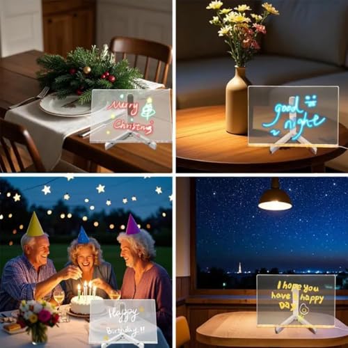 Creative Rewritable Acrylic LED Message Board, LED Note Board with 7 Colors, Light up Dry Erase Board with Stand and 7 Col...