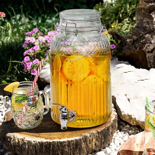 Kingrol 1 Gallon Glass Drink Dispenser with Lid and Spigot - Wide Mouth, Leak Proof Juice Pitcher- Vintage Beverage Dispen...