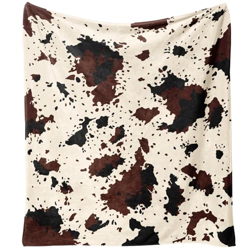 Yiyhuxf Cow Print Blanket Animal Brown Black Milky White Faux Fur Throw Blankets Western Cute Flannel Fleece Decorative Be...