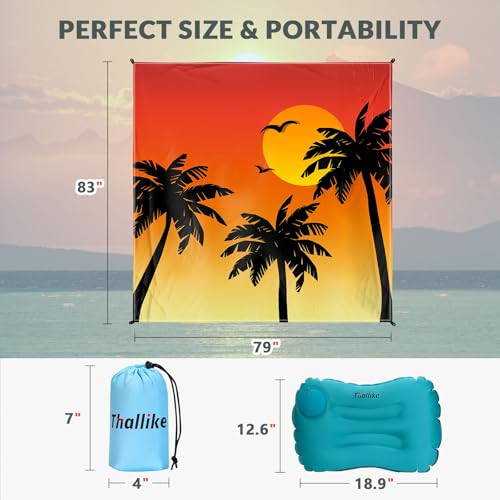 Beach Blanket, Waterproof Sandproof Beach Mat with Stakes and Inflatable Camping Pillow, 79" X 83" Quick Drying Lightweigh...