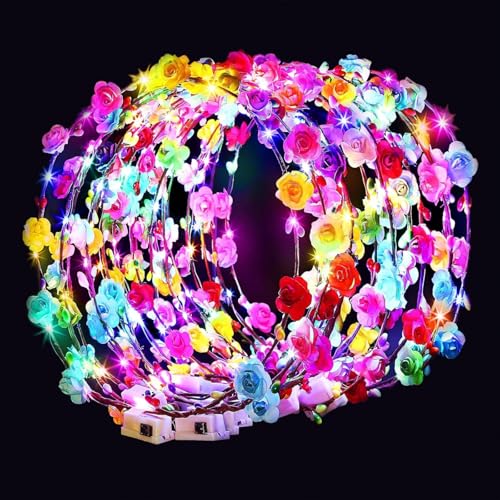 HONLYNE Valentines Day Gifts, 54 PCS New Year LED Flower Crowns Headbands, Light Up Flower Crowns For Women, Glow in the D...