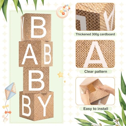 Noveread 6 Pcs Burlap Print Baby Shower Party Decorations Baby Flower Boxes Centerpiece Rustic Burlap Table Display with L...
