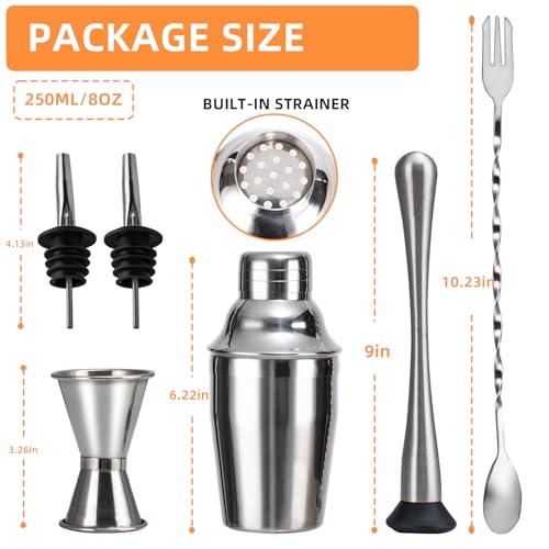 WELKOR 6 Piece 8oz Professional Cocktail Shaker Set with Built-in Strainer,Martini and Margarita Shaker for Home Bar, Bost...
