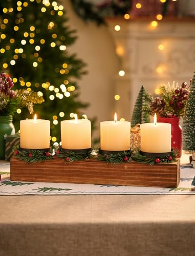 Romadedi Wood Candle Holders Christmas - Farmhouse Pillar Candle Holder with Mini Wreaths Xmas Dining Table Centerpiece De...