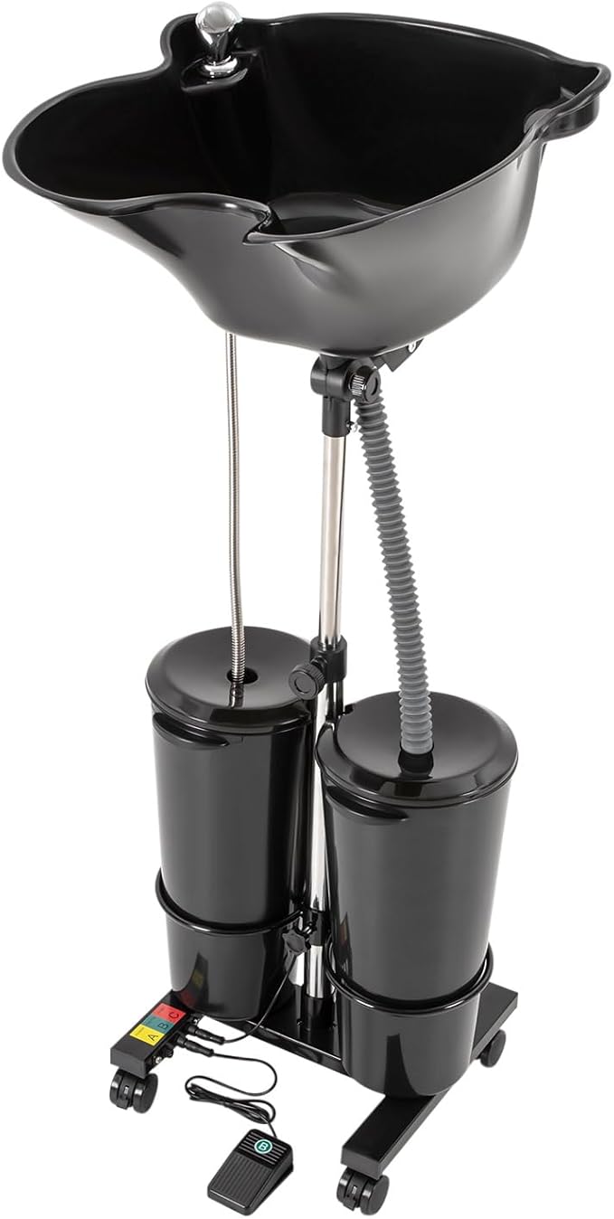 Electric Portable Shampoo Bowl, Height/Angle Adjustable Portable Salon Shampoo Bowl with 2 Buckets Hair Washing Sink with Wheels Shampoo Basin Portable Hair Washing Station