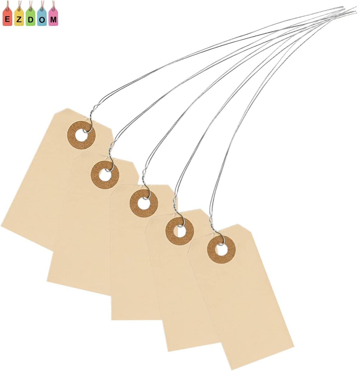 100 Manila Shipping Tags with Wire Attached #1-2 3/4” x 1 3/8” - Small Paper Hang Labels with Metal Ties and Reinforced Hole, Pre-Wired Tags to Tie On