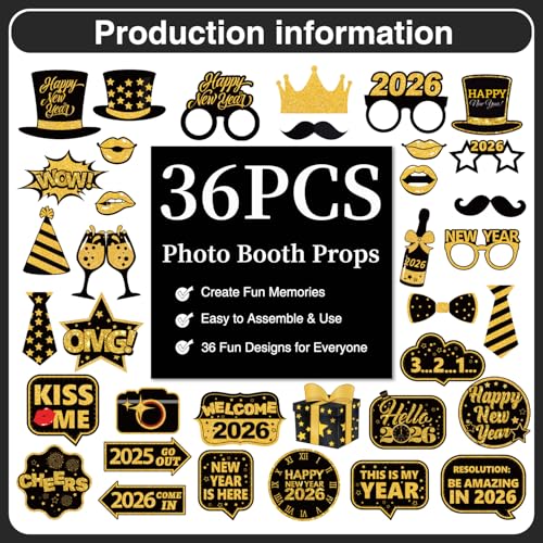 Biswiter 36 Pcs New Years Photo Booth Props, New Years Eve Photo Props 2026, Happy New Year Decorations 2026, New Year Pho...