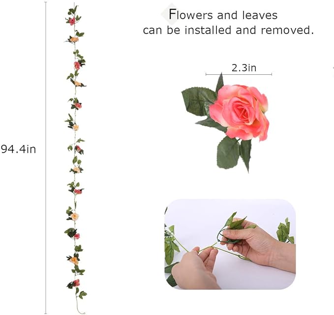 4 Pack Artificial Flower Garland Silk Roses Vines Fake Flowers Garland with Flowers Hanging Flowers Garlands for Wedding Arch Room Decoration 7.2 Ft (Orange)