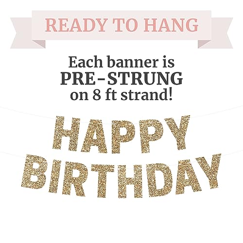 Pre-strung Happy Birthday Banner - No DIY - Gold Glitter Birthday Party Banner for Men & Women - Pre-strung Garland on 8 f...