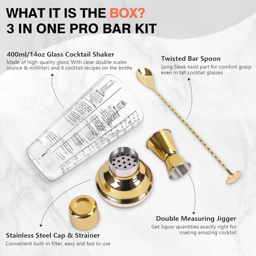 SAVORLIVING 14oz Glass Cocktail Shaker Set, Margarita Mixer-Shaker with Built-in Strainer and Measuring Jigger & Mixing Sp...