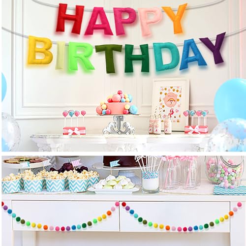 Pre-Strung Happy Birthday Banner, Felt Ball Garland HAPPY BIRTHDAY Garland, Rainbow Decorations Decor Party Pennant, Multi...