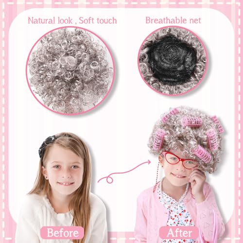 Boutrele 11 Pcs Old Lady Costume for Kids,100 Days of School Costume Girls,Granny Grandma Costumes Kids Accessories