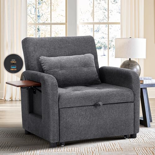Convertible Sleeper Chair-Fabric Futon Sofa Bed, Single Sleeper Sofa, Small Couch Bed with USB Port, Foldable Table, Pillo...