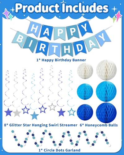 Blue Happy Birthday Decorations, Happy Birthday Banner with Honeycomb Balls, Stars Hanging Swirl Streamers, Dots Garland, ...
