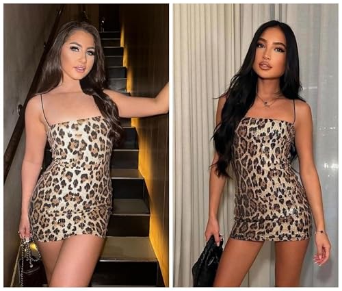 Women's Glitter Sequin Leopard Print Mini Dress Sexy Sleeveless Spaghetti Strap Bodycon Short Dress Party Club Dress