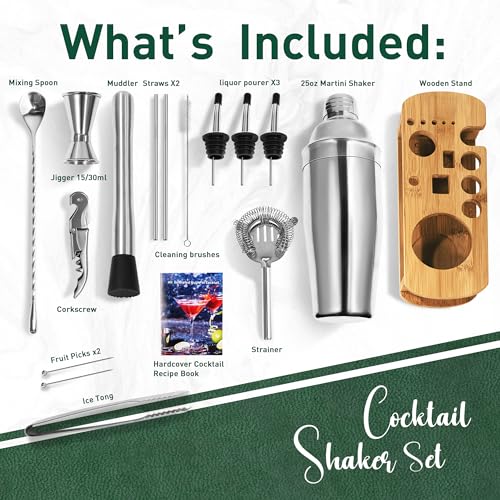CasaCulina Cocktail Shaker Set Mixology Bartender Kit with Stand, 17 Piece Bar Tool Set: Martini Shaker, Jigger, Strainer,...