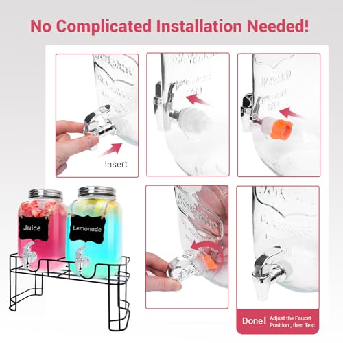2PCS 1 Gallon Glass Drink Dispensers for Parties, Beverage Dispenser with Stand and Spigot, Used as Lemonade Dispenser Dri...