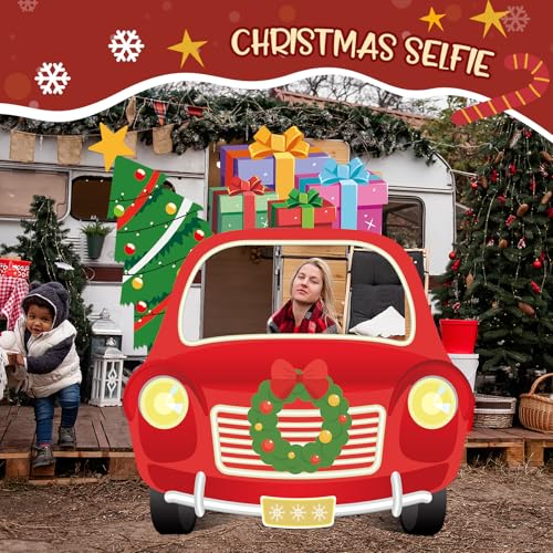 SmoothNovelty Christmas Truck Photo Booth Prop Banner Xmas Photo Background Decorations Large Christmas Car Selfie Frame B...