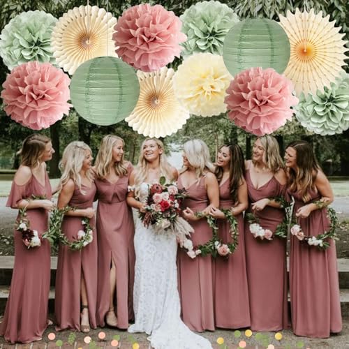 Dusty Pink and Sage Green Party Decorations Dusty Rose Sage Green Tissue Pom Poms Paper Lanterns Confetti Dots Scatter Tab...